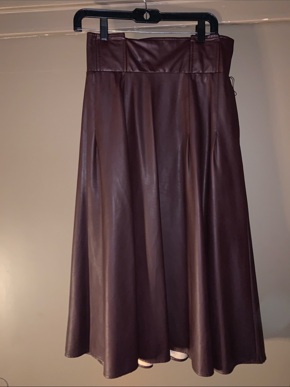 New York & Company Burgundy Faux Leather A-Line Midi Skirt